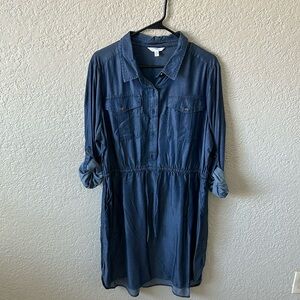 Dark denim extra large cinched waist dress with Rollup sleeves